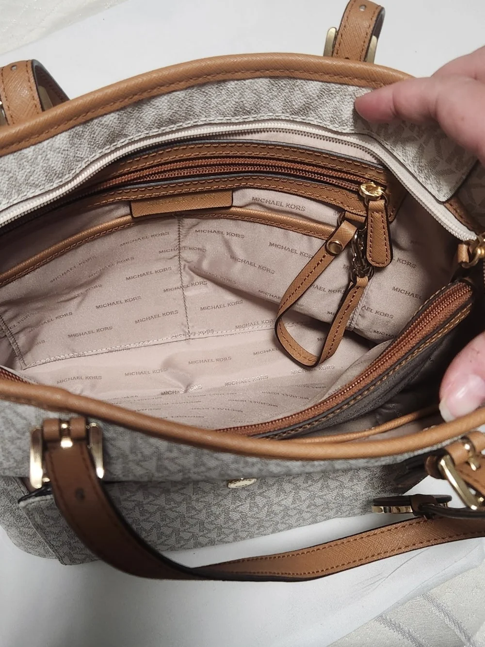 Michael Kors Ivory Monogram Tote with Tan Trim and Gold Charm